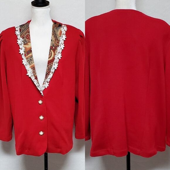 VINTAGE 1980s Matthew & David Red Knit Crochet Shawl Collar Knit Sweater Jacket - Picture 1 of 12